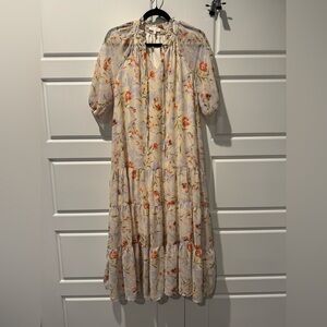 Calista Modest Floral Midi Chiffon Spring Dress Puff Sleeve Ivory Size Medium